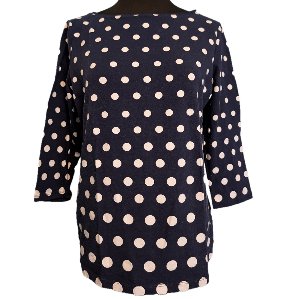 Talbots Tee Knit Polka Dot Top, Blue And White, Large Petite
